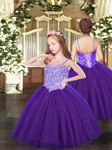 Purple Ball Gowns Spaghetti Straps Sleeveless Tulle Floor Length Lace Up Appliques Pageant Dress
