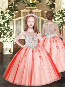 Sleeveless Floor Length Beading and Appliques Zipper Evening Gowns with Coral Red