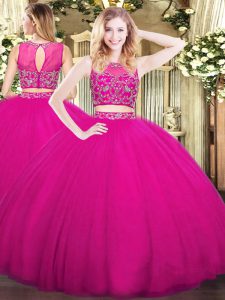 Fuchsia Two Pieces High-neck Sleeveless Tulle Floor Length Zipper Beading Quinceanera Dress