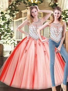 Two Pieces Sweet 16 Dress Red Scoop Tulle Sleeveless Floor Length Zipper