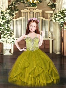 Stunning Sleeveless Floor Length Beading and Ruffles Lace Up Little Girls Pageant Dress Wholesale with Olive Green