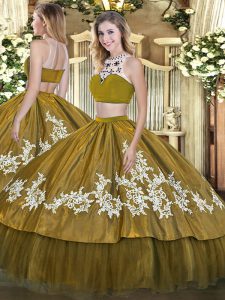 Graceful Floor Length Olive Green Sweet 16 Dress High-neck Sleeveless Backless