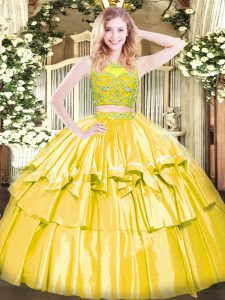 Cute Sleeveless Tulle Floor Length Zipper Ball Gown Prom Dress in Yellow with Beading and Ruffled Layers