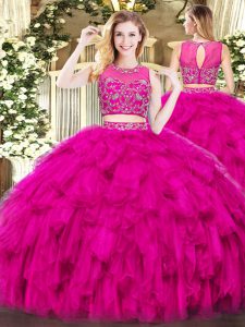 Custom Designed Fuchsia Scoop Neckline Beading and Ruffles Sweet 16 Dress Sleeveless Zipper