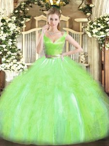 Vintage Tulle V-neck Sleeveless Zipper Beading and Ruffles 15th Birthday Dress in Yellow Green