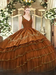 Sexy Floor Length Brown Quince Ball Gowns Satin and Tulle Sleeveless Beading and Embroidery and Ruffled Layers