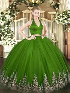 Gorgeous Tulle Halter Top Sleeveless Zipper Appliques Sweet 16 Dress in Green