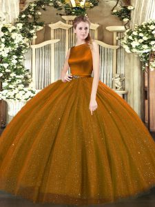 Enchanting Sleeveless Tulle Floor Length Clasp Handle Ball Gown Prom Dress in Brown with Belt