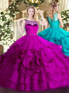 Fuchsia Ball Gowns Scoop Sleeveless Organza Floor Length Zipper Beading and Ruffled Layers Ball Gown Prom Dress