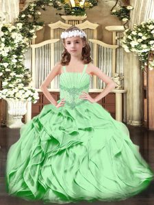 Modern Beading and Ruffles Little Girls Pageant Dress Wholesale Green Lace Up Sleeveless Floor Length