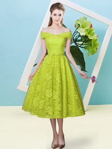 Off The Shoulder Cap Sleeves Lace Up Quinceanera Dama Dress Olive Green Lace