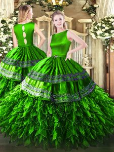 Green Scoop Clasp Handle Ruffles Sweet 16 Dress Sleeveless
