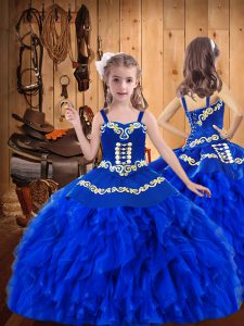 Royal Blue Organza Lace Up Straps Sleeveless Floor Length Pageant Dress Wholesale Embroidery and Ruffles