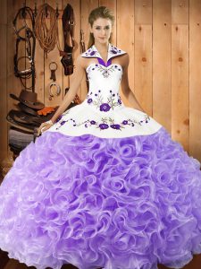 Lavender Ball Gowns Fabric With Rolling Flowers Halter Top Sleeveless Embroidery Floor Length Lace Up Sweet 16 Dress