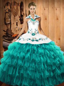 Free and Easy Turquoise Organza Lace Up Ball Gown Prom Dress Sleeveless Floor Length Embroidery and Ruffled Layers