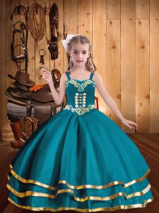 Super Organza Straps Sleeveless Lace Up Embroidery and Ruffled Layers Girls Pageant Dresses in Teal