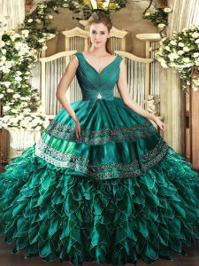 V-neck Sleeveless Sweet 16 Dresses Floor Length Beading and Ruffles Turquoise Organza