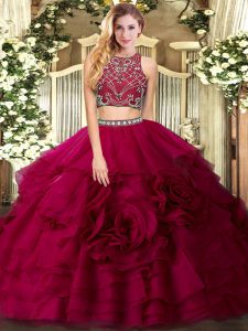 Simple Fuchsia Tulle Zipper Quinceanera Gown Sleeveless Floor Length Beading and Ruffled Layers