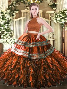 Edgy Rust Red Backless Sweet 16 Quinceanera Dress Beading and Embroidery and Ruffles Sleeveless Floor Length