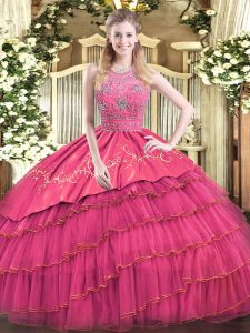 Hot Pink Ball Gowns Halter Top Sleeveless Satin and Tulle Floor Length Zipper Beading and Embroidery and Ruffled Layers Quince Ball Gowns