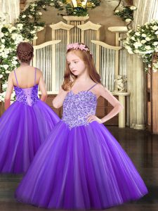 New Style Lavender Ball Gowns Appliques Pageant Gowns For Girls Lace Up Tulle Sleeveless Floor Length