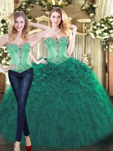 Green Organza Lace Up Sweetheart Sleeveless Floor Length Sweet 16 Dress Beading and Ruffles