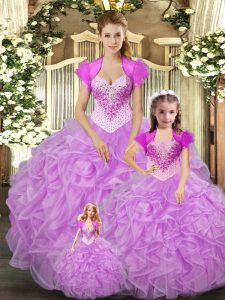 Smart Lilac Lace Up Straps Beading and Ruffles 15th Birthday Dress Tulle Sleeveless