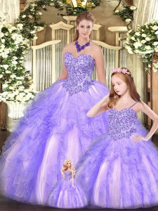 Lavender Sleeveless Floor Length Beading and Ruffles Lace Up Ball Gown Prom Dress
