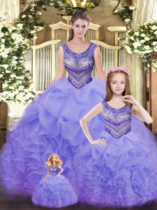 Floor Length Lavender Sweet 16 Dress Scoop Sleeveless Lace Up