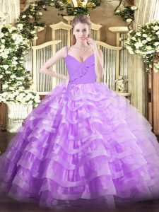 New Style Lavender Spaghetti Straps Zipper Ruffled Layers Quince Ball Gowns Sleeveless