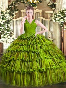 Fitting Olive Green Sleeveless Floor Length Ruffled Layers Zipper Vestidos de Quinceanera