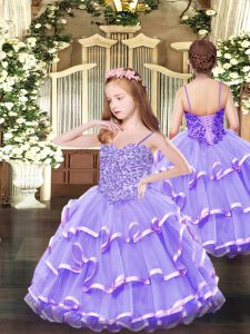 Custom Designed Lavender Ball Gowns Spaghetti Straps Sleeveless Organza Floor Length Lace Up Appliques and Ruffled Layers Little Girls Pageant Dress