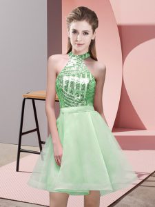 Mini Length Apple Green Quinceanera Court of Honor Dress Halter Top Sleeveless Backless