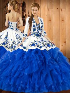 Floor Length Blue Sweet 16 Dress Satin and Organza Sleeveless Embroidery and Ruffles