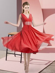 Sweet Sleeveless Chiffon Knee Length Side Zipper Vestidos de Damas in Coral Red with Beading