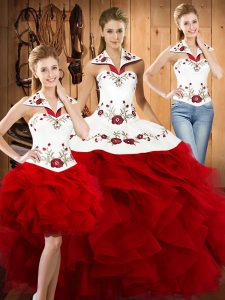 Modest Wine Red Three Pieces Satin and Organza Halter Top Sleeveless Embroidery and Ruffles Floor Length Lace Up Quinceanera Dress
