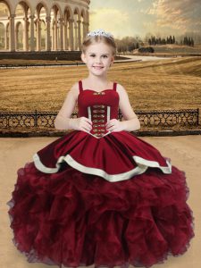 Sleeveless Organza Floor Length Lace Up Little Girls Pageant Dress Wholesale in Wine Red with Beading and Ruffles