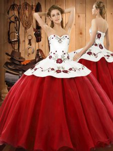 Wine Red Satin and Tulle Lace Up Quinceanera Dress Sleeveless Floor Length Embroidery
