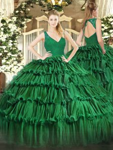 Elegant Beading and Lace and Ruffled Layers Quinceanera Gown Dark Green Backless Sleeveless Floor Length