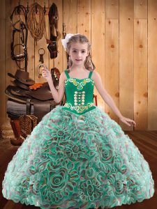 Multi-color Fabric With Rolling Flowers Lace Up Glitz Pageant Dress Sleeveless Floor Length Embroidery and Ruffles
