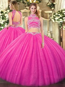 Cute Sleeveless Tulle Floor Length Backless Quinceanera Dresses in Hot Pink with Beading