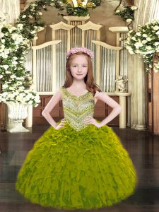 Stylish Scoop Sleeveless High School Pageant Dress Floor Length Beading and Ruffles Olive Green Organza