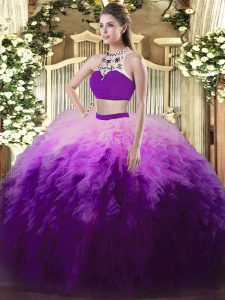 High Quality High-neck Sleeveless Tulle 15th Birthday Dress Beading and Ruffles Backless