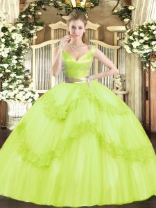 Yellow Green V-neck Neckline Beading and Appliques Quinceanera Gowns Sleeveless Zipper
