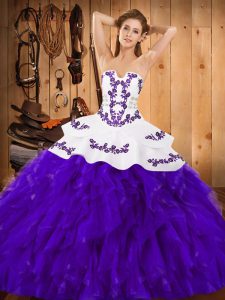 Beautiful White And Purple Sleeveless Satin and Organza Lace Up Quinceanera Gowns for Military Ball and Sweet 16 and Quinceanera