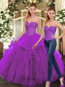 Organza Sweetheart Sleeveless Lace Up Beading and Ruffles Quinceanera Gowns in Purple