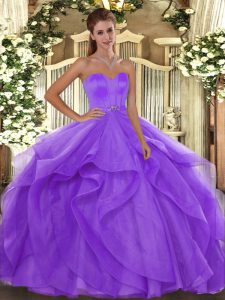 Stunning Sleeveless Tulle Floor Length Lace Up Sweet 16 Dress in Lavender with Beading and Ruffles