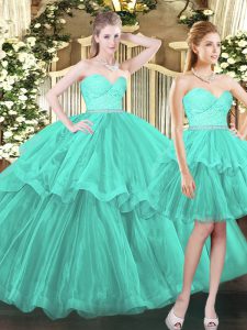 Aqua Blue Sleeveless Ruffled Layers Floor Length Ball Gown Prom Dress