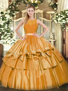 Fancy Scoop Sleeveless Zipper Sweet 16 Dress Gold Tulle