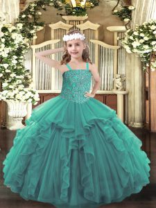 Turquoise Pageant Dress for Womens Party and Quinceanera with Beading and Ruffles Straps Sleeveless Lace Up
